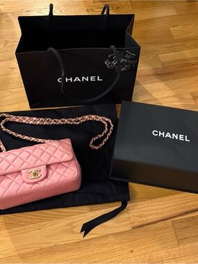 Authentic CHANEL Pink Rose Mini Flap Bag FULL set